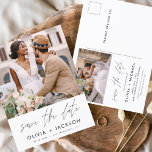 Postal Blancas de mano editables Guardar la foto de fecha<br><div class="desc">Foto moderna y elegante Guardar la tarjeta de Boda de fecha. La tarjeta de invitación para guardar la fecha incluye tipografía y moda con letras blancas y un diseño simple sobre un fondo blanco al que se puede añadir la imagen de fotografía de compromiso personalizada.</div>