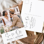 Postal Blancas de mano editables Guardar la foto de fecha<br><div class="desc">Foto moderna y elegante Guardar la tarjeta de Boda de fecha. La tarjeta de invitación para guardar la fecha incluye tipografía y moda con letras blancas y un diseño simple sobre un fondo blanco al que se puede añadir la imagen de fotografía de compromiso personalizada.</div>