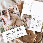 Postal Blancas de mano editables Guardar la foto de fecha<br><div class="desc">Foto moderna y elegante Guardar la tarjeta de Boda de fecha. La tarjeta de invitación para guardar la fecha incluye tipografía y moda con letras blancas y un diseño simple sobre un fondo blanco al que se puede añadir la imagen de fotografía de compromiso personalizada.</div>