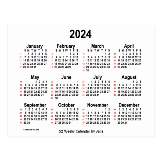 Postal Blanco 2024 calendario de 52 semanas por Janz Zazzle.es