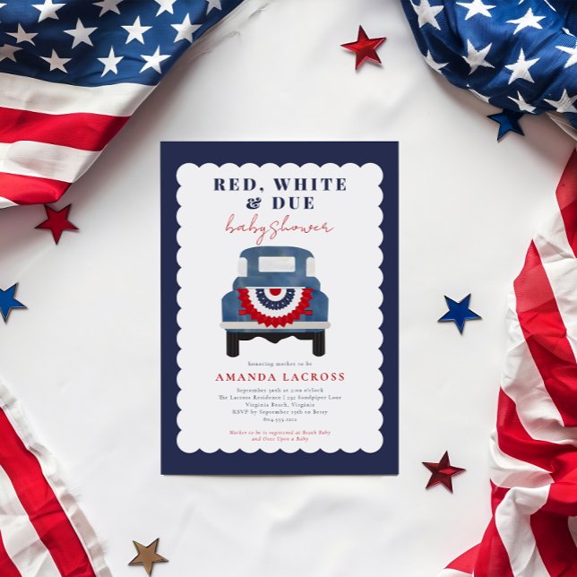Postal Blanco rojo y el debido Baby Shower patriótico (Red, White and Due Baby Shower Invitation Postcard)