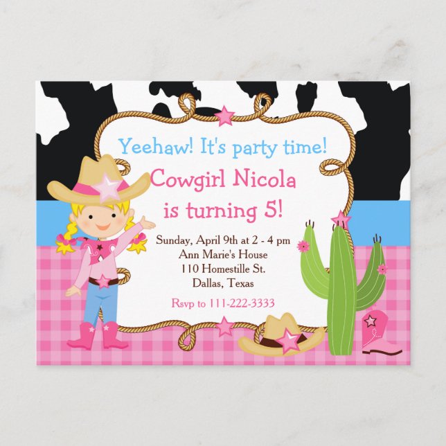 Postal Blonde Cowgirl Western Birday Party (Anverso)