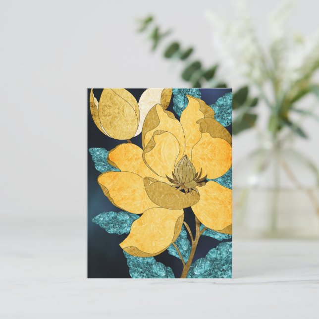 Postal Bloom dorado con hojas Verde azuladas Abstract Flo (Anverso de pie)