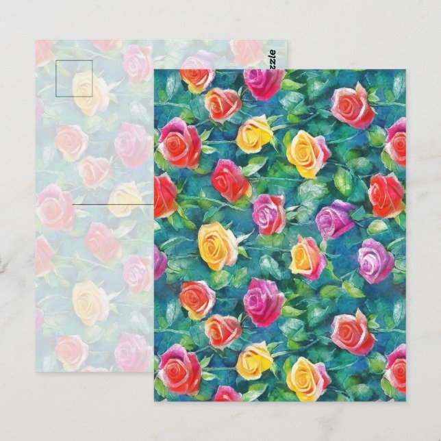 Postal Blooming garden rose bush watercolor pattern (Anverso / Reverso)