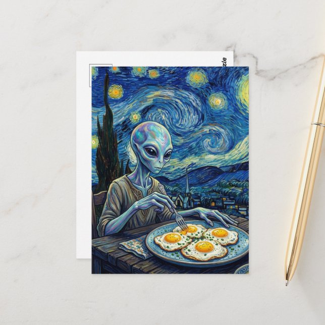 Postal Blue Alien Eating Fried Eggs Faux Van Gogh (Anverso/Reverso In Situ)