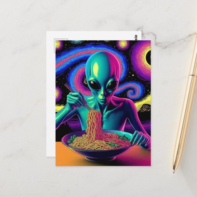Postal Blue Alien Eating Noodles  (Anverso/Reverso In Situ)