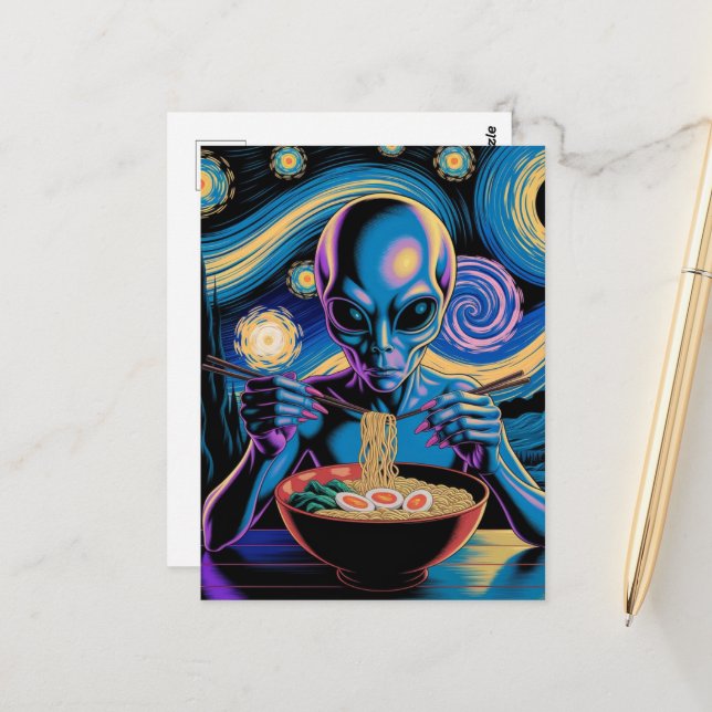 Postal Blue Alien Eating Ramen (Anverso/Reverso In Situ)