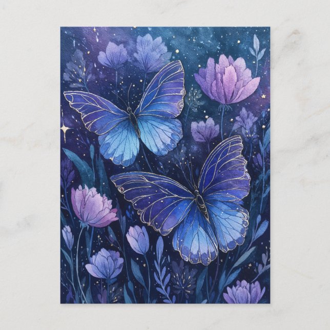 Postal Blue and Purple Butterfly in Starry Floral Garden (Anverso)