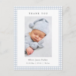 Postal Blue and white Gingham Baby Boy Birth Announcement