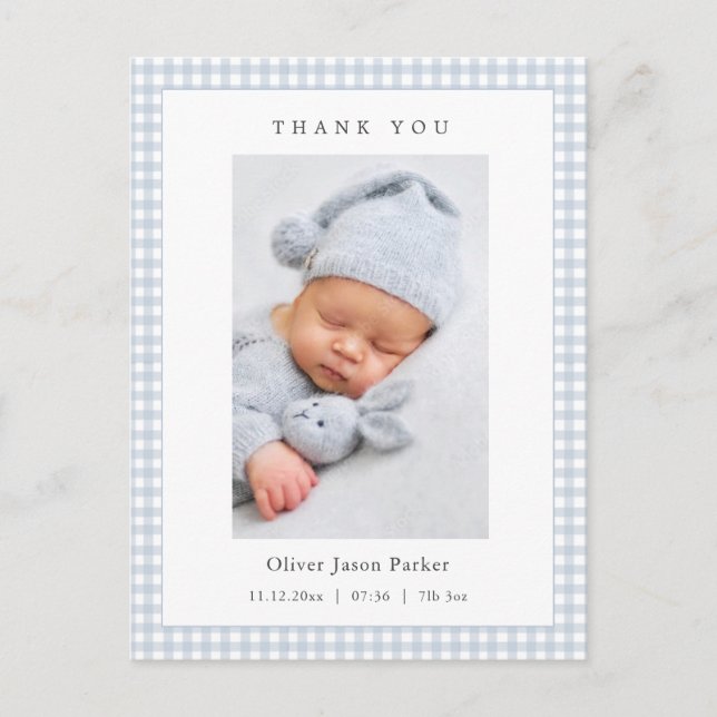 Postal Blue and white Gingham Baby Boy Birth Announcement (Anverso)