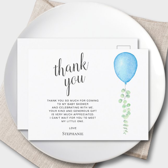 Postal Blue Balloon Eucalyptus Baby Shower Gracias (Subido por el creador)