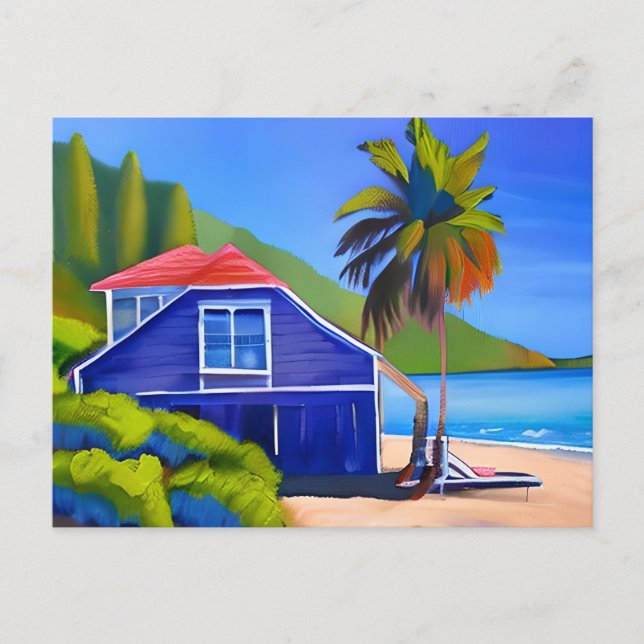 Postal Blue Beach House y Palm Tree | Mantener en contact (Anverso)