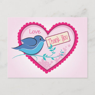 Postal Blue Bird Pink Gracias Postcard Floral Heart