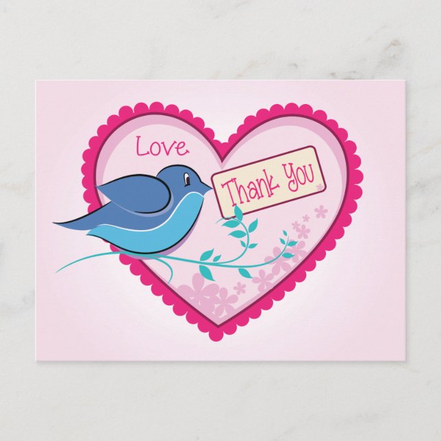 Postal Blue Bird Pink Gracias Postcard Floral Heart (Anverso)