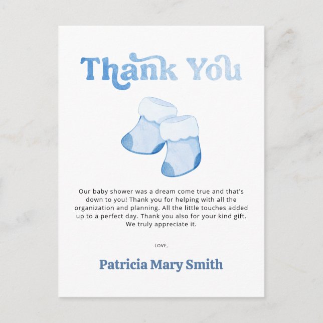Postal Blue Booties Boy Baby Shower Gracias (Anverso)