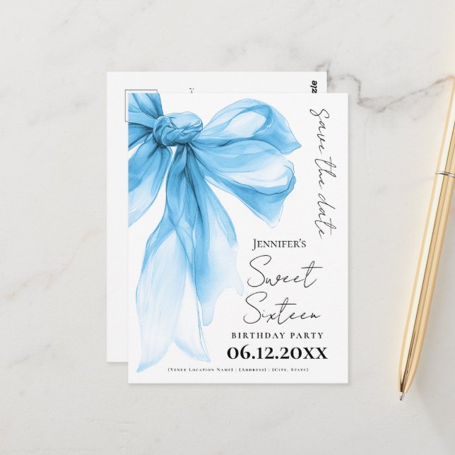 Postal Blue Bow Coquette Sweet 16 Save the Date  (Anverso/Reverso In Situ)