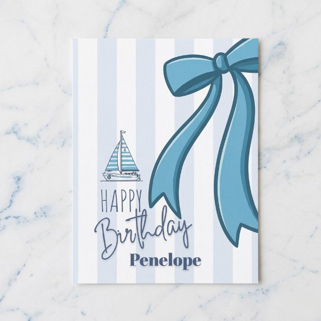 Postal Blue Bow Sailboat Birthday Postcard (Sailing right to their mailbox.)