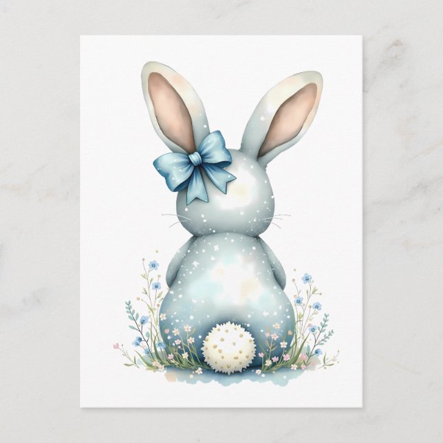 Postal Blue Bunny Tail Cottontail Easter Bunny con huevos (Anverso)
