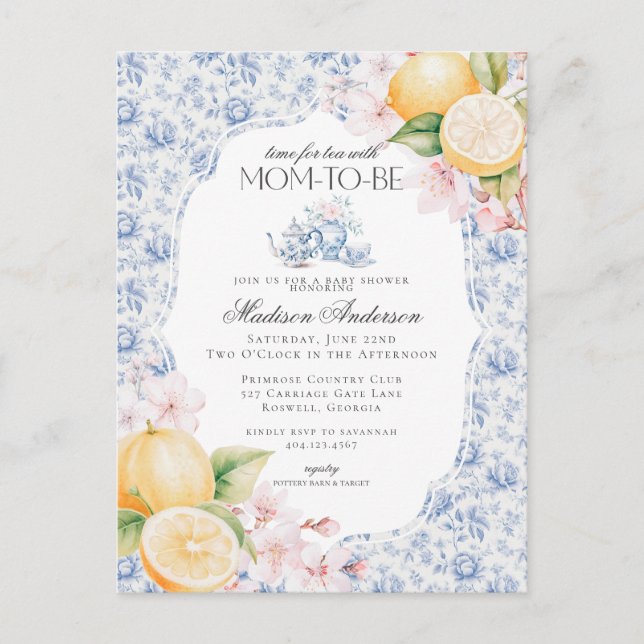 Postal Blue Chinoiserie Tea Fiesta Baby Shower Toile (Anverso)