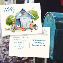 Postal Blue Coop Chicken Farming Hello Postcard