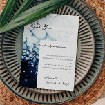 Postal Blue Destination Wedding Reception Thank You Card<br><div class="desc">This Blue Destination Wedding Reception Thank You Card design pairs sleek and classic white with striking dark royal blue watercolor ocean waves as a gorgeous backdrop for sophisticated minimalist typography and boho script details. Perfect for a modern luxury nautical aesthetic, with a unique moody navy beach style. This beautifully curated...</div>