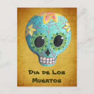 Postal Blue Dia de Los Muertos Art Sugar Skull