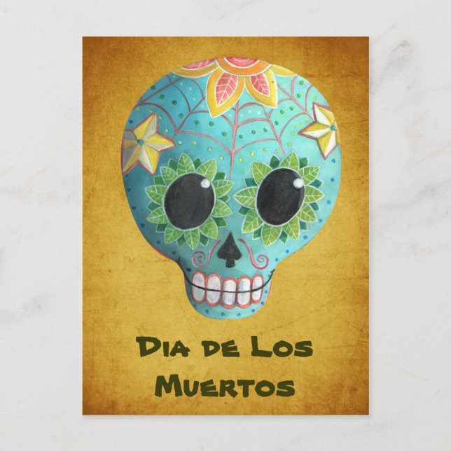 Postal Blue Dia de Los Muertos Art Sugar Skull (Anverso)