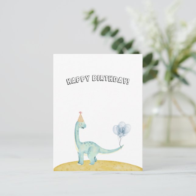 Postal Blue Dinosaur With Balloons Happy Birthday Card (Anverso de pie)