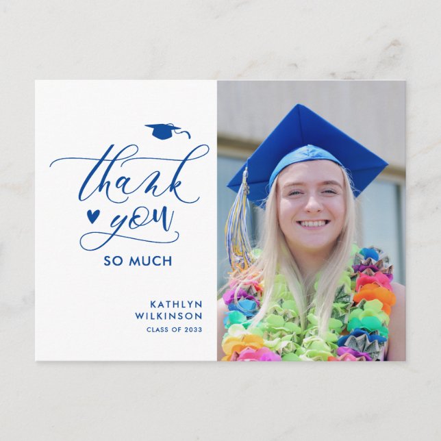 Postal Blue Elegant Script Photo Graduation Gracias (Anverso)