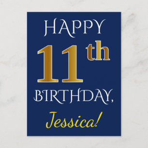 Postal Blue, Faux Gold 11th Birthday + Custom Name
