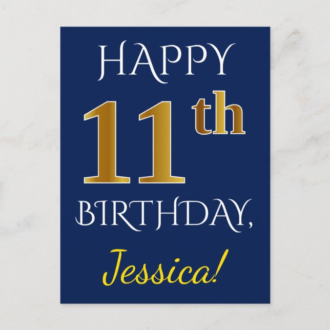 Postal Blue, Faux Gold 11th Birthday + Custom Name (Anverso)