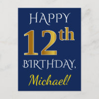 Blue, Faux Gold 12th Birthday + Custom Name