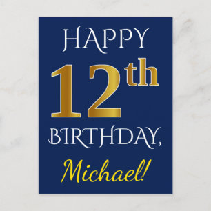 Postal Blue, Faux Gold 12th Birthday + Custom Name