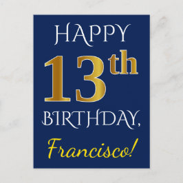 Postal Blue, Faux Gold 13th Birthday + Custom Name