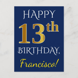 Postal Blue, Faux Gold 13th Birthday + Custom Name