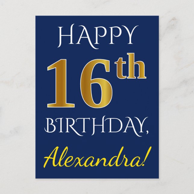 Postal Blue, Faux Gold 16th Birthday + Custom Name (Anverso)