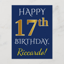 Postal Blue, Faux Gold 17th Birthday + Custom Name