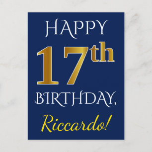 Postal Blue, Faux Gold 17th Birthday + Custom Name