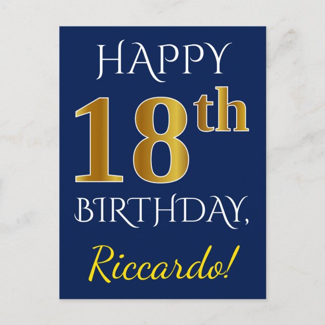 Postal Blue, Faux Gold 18th Birthday + Custom Name (Anverso)