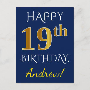 Postal Blue, Faux Gold 19th Birthday + Custom Name