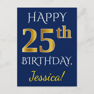 Postal Blue, Faux Gold 25th Birthday + Custom Name