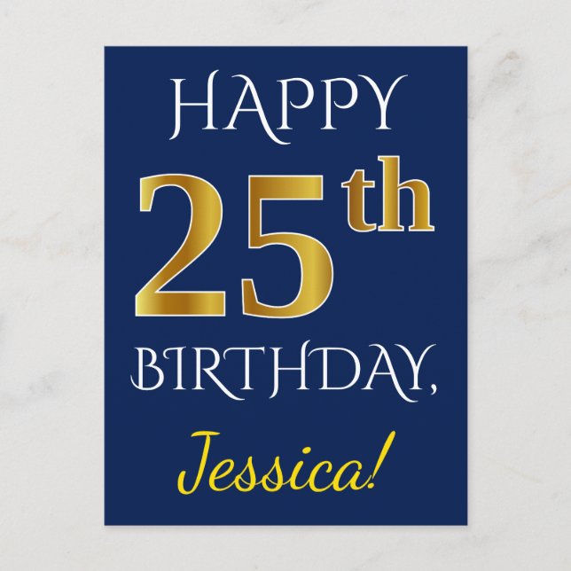 Postal Blue, Faux Gold 25th Birthday + Custom Name (Anverso)