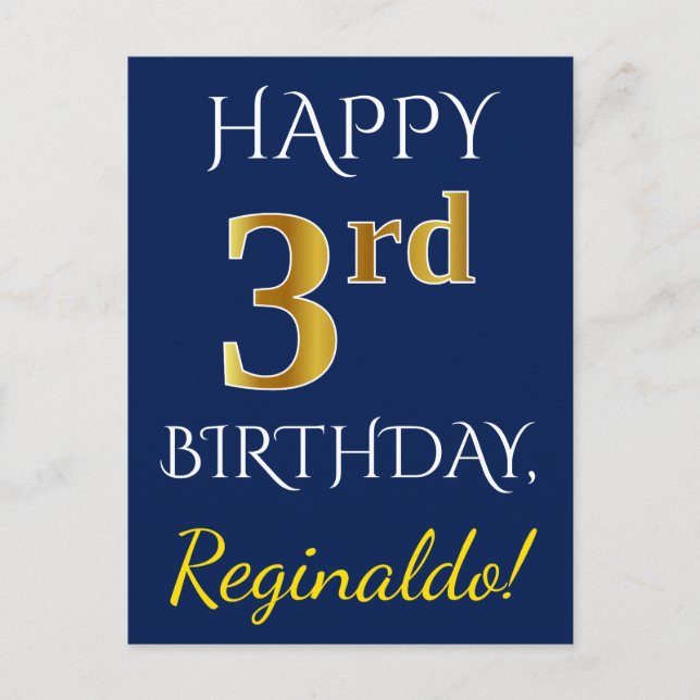 Postal Blue, Faux Gold 3Birthday + Nombre personalizado (Anverso)