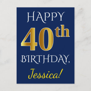 Postal Blue, Faux Gold 40th Birthday + Custom Name