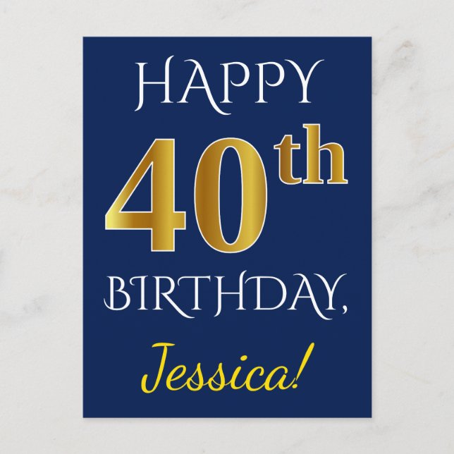 Postal Blue, Faux Gold 40th Birthday + Custom Name (Anverso)