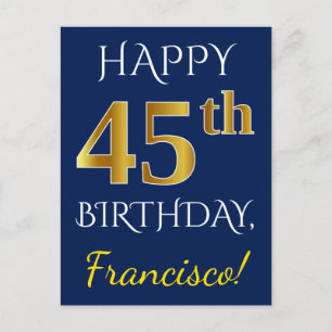 Postal Blue, Faux Gold 45th Birthday + Custom Name