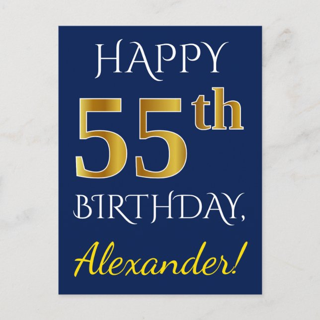 Postal Blue, Faux Gold 55th Birthday + Custom Name (Anverso)