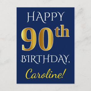 Postal Blue, Faux Gold 90th Birthday + Custom Name