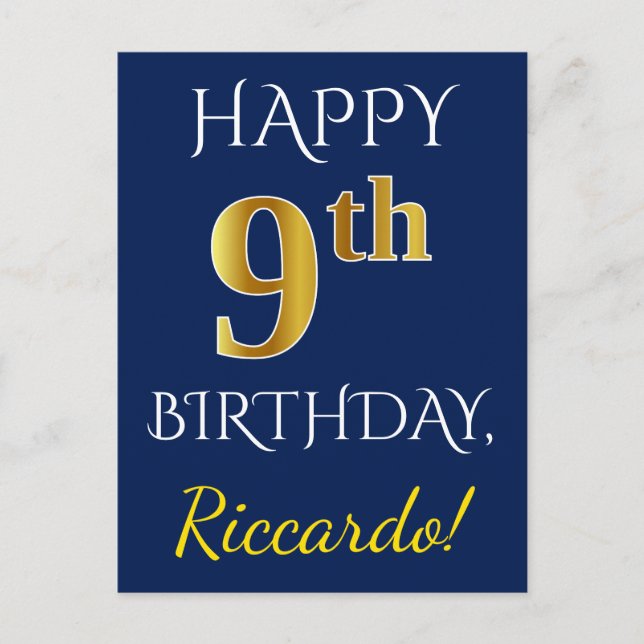 Postal Blue, Faux Gold 9Cumpleaños + Nombre Personalizado (Anverso)