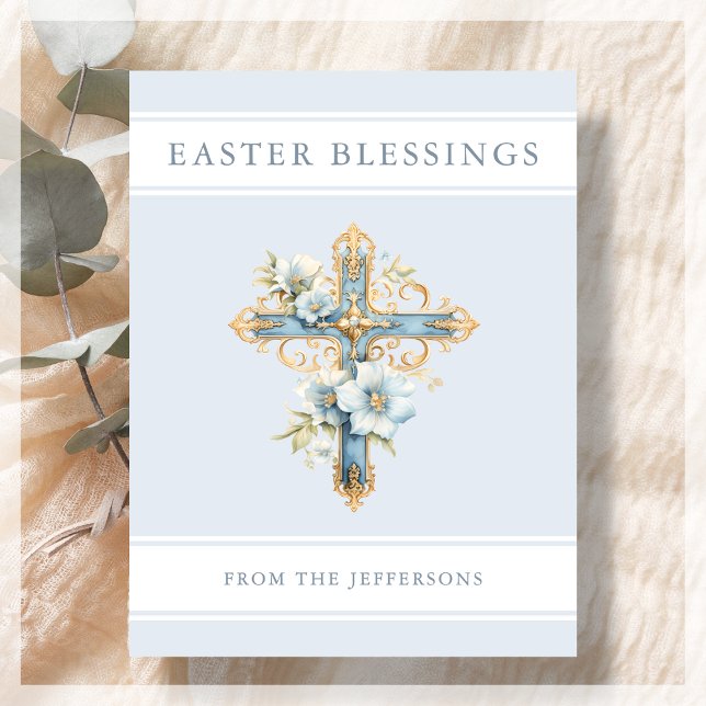 Postal Blue Floral Cross Religious Easter Blessings (Subido por el creador)